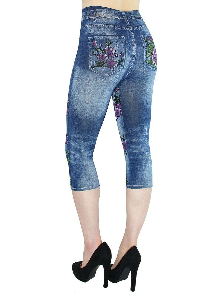 Women's Slim Cotton Flower Navy Blue Fashion High Waist Calf-Length Street Causal Summer Fall