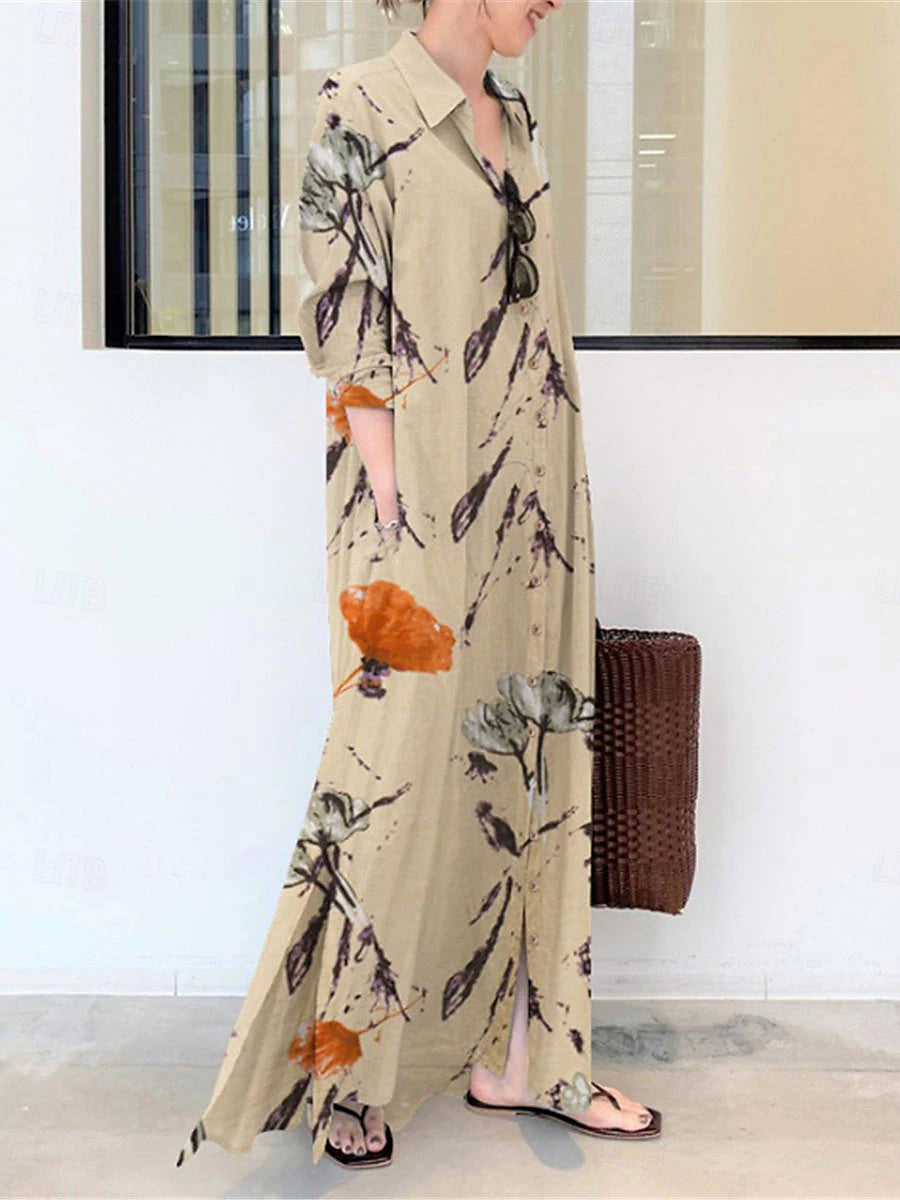 Women's Shirt Dress Casual Dress Cotton Linen Dress Maxi long Dress Button Pocket Daily Shirt Collar Long Sleeve Summer Spring Green Apricot Floral