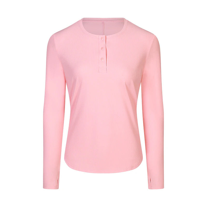 Women's Running T-Shirt Henley Shirt Solid Color Yoga Fitness Button Ribbed Black White Pink Crew Neck Long Sleeve High Elasticity Spring &  Fall