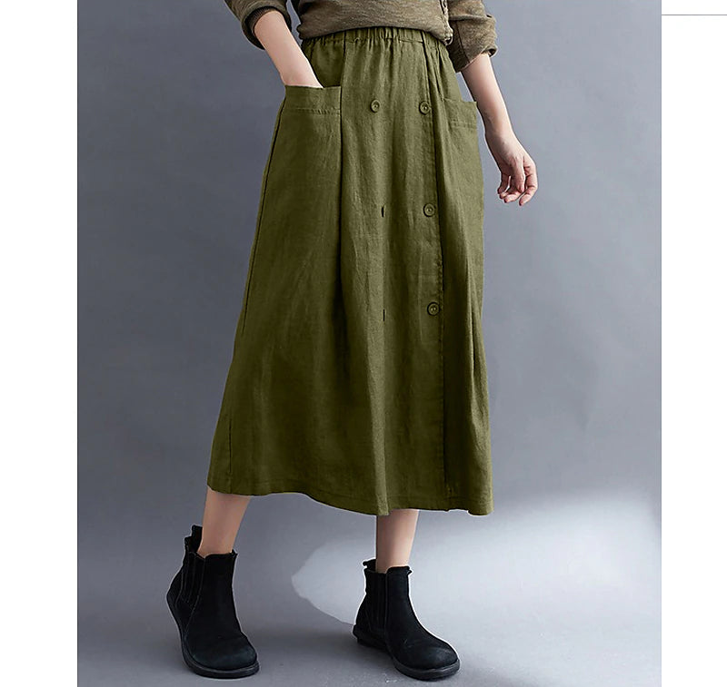 Women's Skirt A Line Long Skirt Linen Skirts Midi Skirts Pocket Split Ends Solid Colored Street Daily Spring & Summer Cotton Linen coastal grandma style Basic Casual Long Black Brown Green Apricot