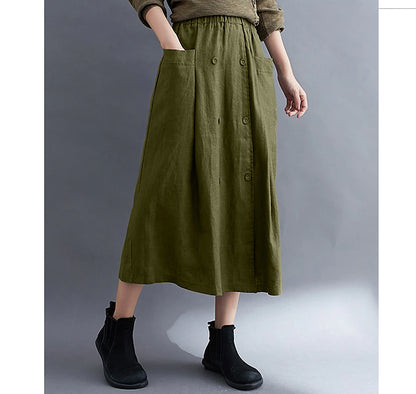 Women's Skirt A Line Long Skirt Linen Skirts Midi Skirts Pocket Split Ends Solid Colored Street Daily Spring & Summer Cotton Linen coastal grandma style Basic Casual Long Black Brown Green Apricot