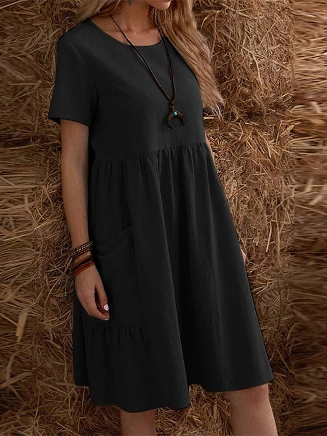 Women's Casual Dress Cotton Linen Dress Maxi long Dress Linen / Cotton Blend Fashion Street Style Daily Date Weekend Crew Neck Ruffle Pocket Short Sleeve Summer 2023 Regular Fit claret Black Yellow - LuckyFash™