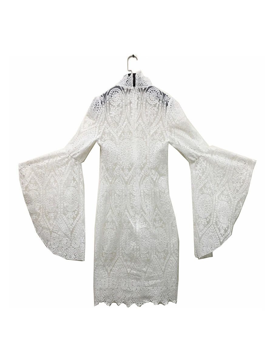 Women's Two Piece Dress Set Party Dress White Lace Wedding Dress Party Wedding Guest Fashion Party Embroidered with Sleeve Mini Dress Stand Collar Long Sleeve Plain Regular Fit White Summer Spring S