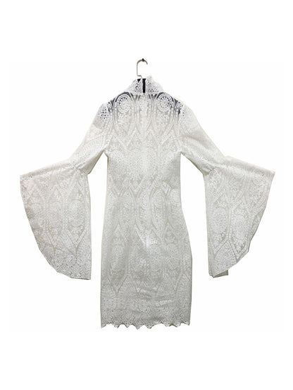 Women's Two Piece Dress Set Party Dress White Lace Wedding Dress Party Wedding Guest Fashion Party Embroidered with Sleeve Mini Dress Stand Collar Long Sleeve Plain Regular Fit White Summer Spring S