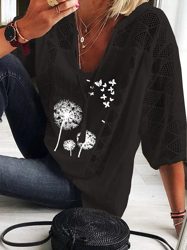 Women's Shirt Blouse Floral Butterfly Daily Vacation Lace up Lace Print Black 3/4 Length Sleeve Casual V Neck Spring & Summer