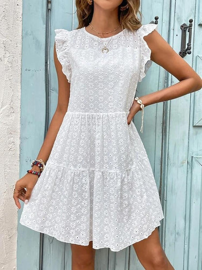 Women's White Dress Casual Dress Summer Dress Mini Dress Cotton Ruffle Date Streetwear Round Neck Sleeveless White Color