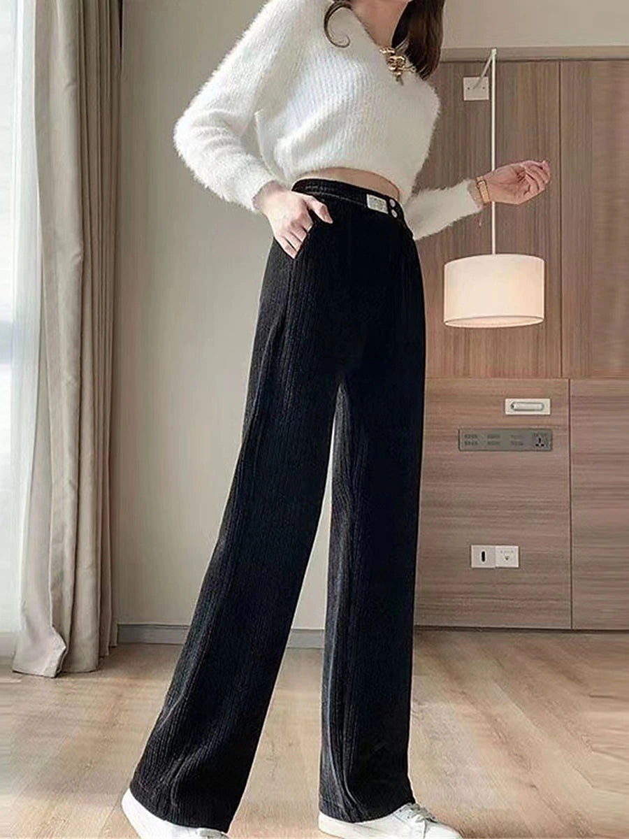 Women‘s Fleece Pants Wide Leg Pants Trousers Full Length Baggy Micro-elastic High Waist Fashion Streetwear Outdoor Street Black White S M Fall Winter