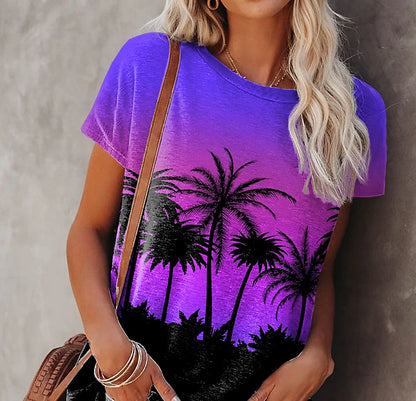 Women's T shirt Tee Plants Casual Holiday Going out Print Purple Short Sleeve Hawaiian Basic Holiday Round Neck