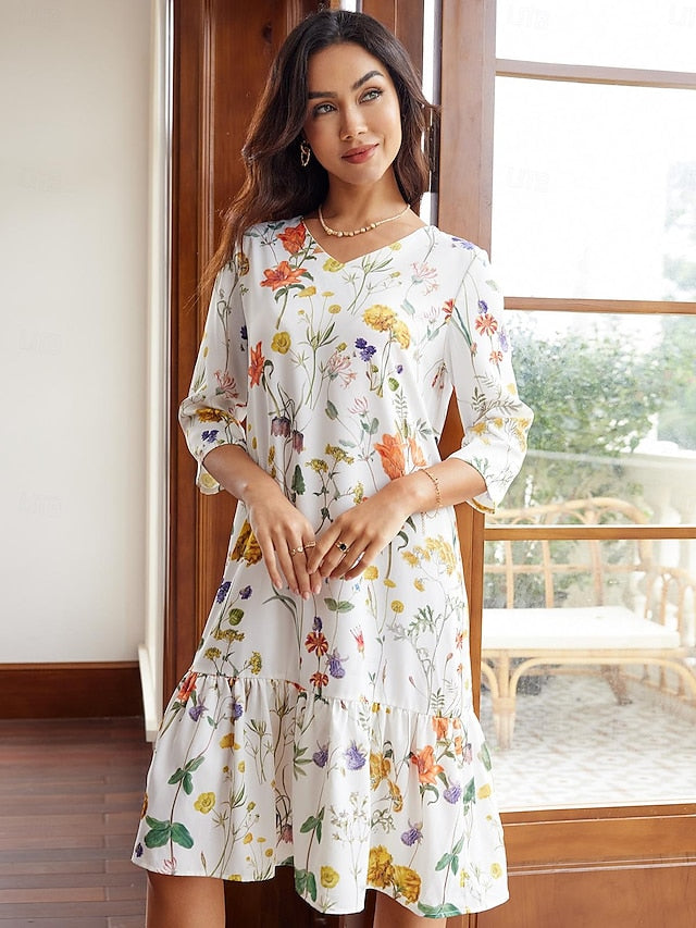 Women's Ruffle Print V Neck Midi Dress 3/4 Length Sleeve Summer Spring