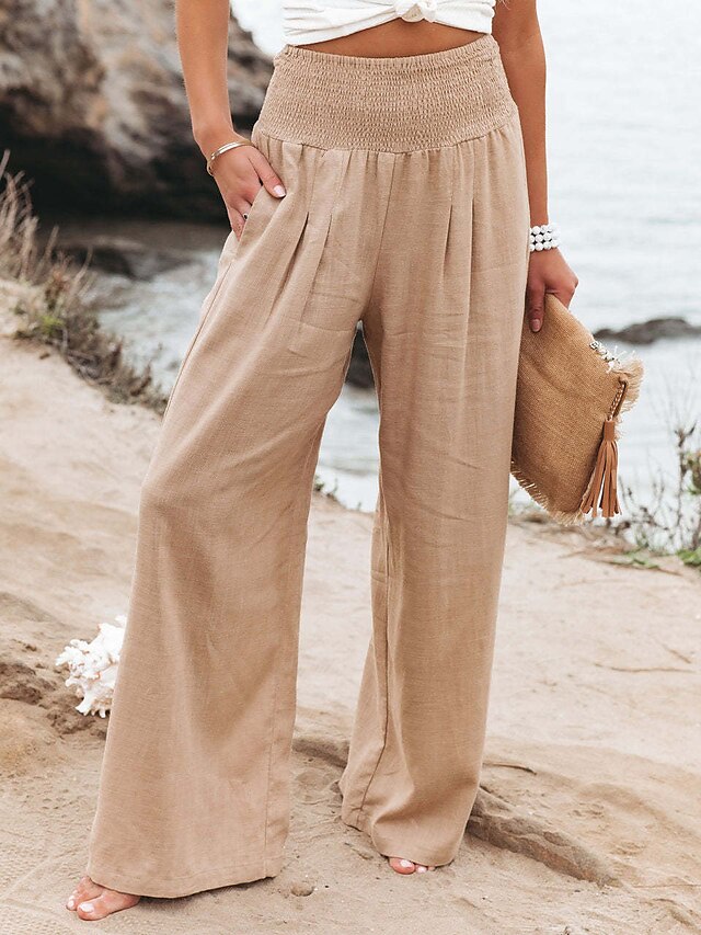 Women's Wide Leg Linen Pants Trousers Pants Trousers Cotton Apple Green Black White High Waist Fashion Casual Lounge Daily Vacation Baggy Micro-elastic Full Length S M L XL XXL - LuckyFash™