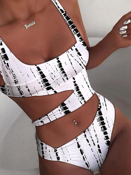 Women's Swimwear One Piece Normal Swimsuit Cut Out Solid Color Tie Dye White flowers Black and Rose Black White Red Bodysuit Bathing Suits Sports Beach Wear Summer - LuckyFash™