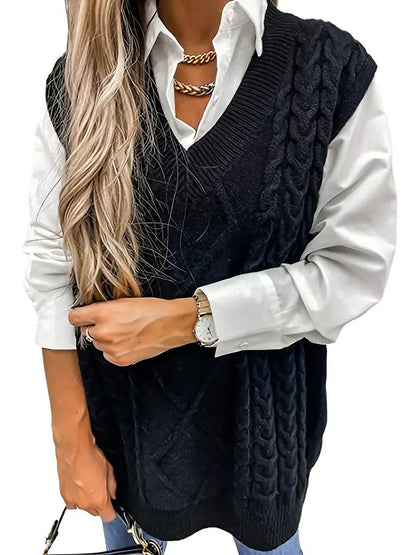 Women's Sweater Vest V Neck Ribbed Cable Knit Acrylic Patchwork Fall Winter Regular Outdoor Daily Going out Stylish Casual Soft Sleeveless Solid Color Black Wine Navy Blue S M L