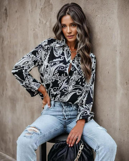 Women's Shirt Blouse Paisley Casual Button Print Black Long Sleeve Fashion Shirt Collar Spring &  Fall