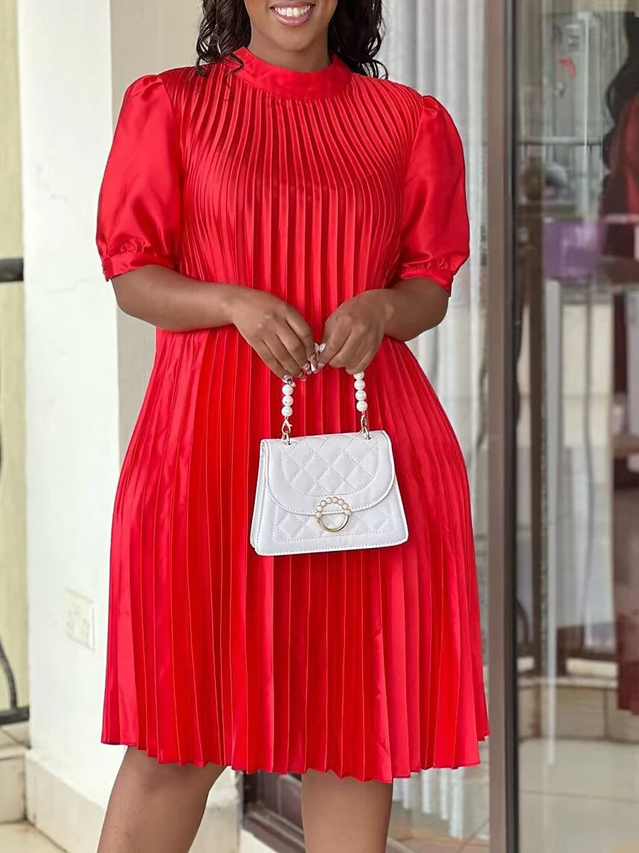 Women‘s Plus Size Curve Casual Dress Shift Dress Solid Color Midi Dress Short Sleeve Ruched Pleated Stand Collar Fashion Daily White Red Summer Spring L XL 2XL 3XL