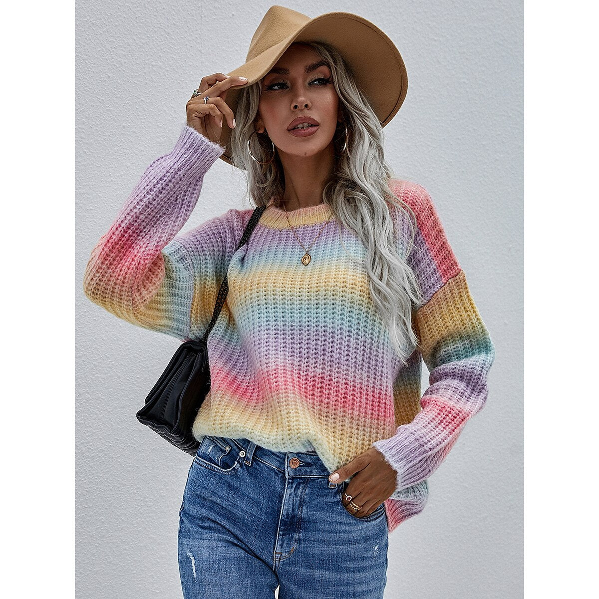 Women's Pullover Sweater Jumper Pullover Jumper Crew Neck Chunky Knit Nylon Acrylic Knitted Drop Shoulder Fall Winter Daily Holiday Going out Stylish Casual Long Sleeve Color Block Rainbow Purple