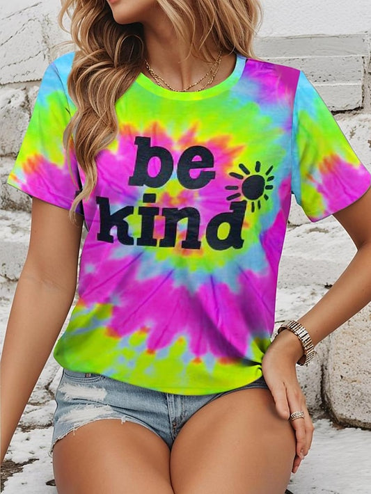 Women's T shirt Tee Tie Dye Vacation Pink Short Sleeve Hawaiian Stylish Crew Neck Be Kind Summer