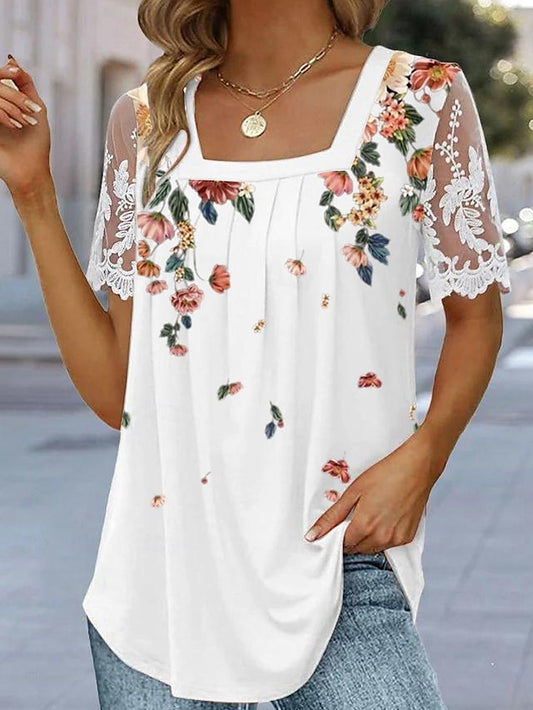 Women's T shirt Tee Lace T-shirt Mesh Patchwork Top Floral Holiday Weekend Lace Print White Short Sleeve Basic Square Neck