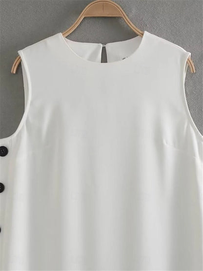 Women's White Dress Casual Dress Tank Dress Maxi Dress Button Split Date Vacation Streetwear Maxi Crew Neck Sleeveless White Color