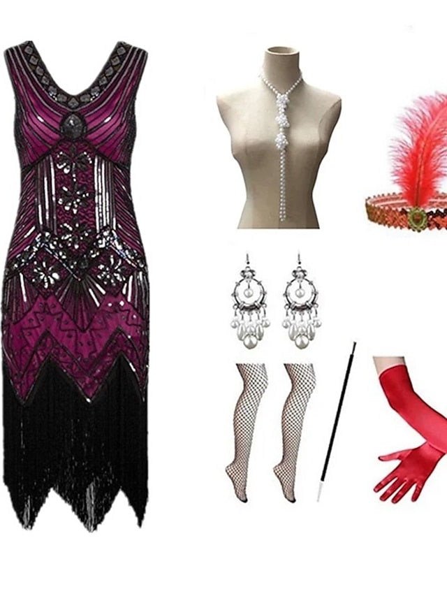 The Great Gatsby Charleston Plus Size Roaring 20s 1920s Cocktail Dress Vintage Dress Flapper Dress Prom Dress Prom Dresses Women's Feather Costume Vintage Cosplay 1 Necklace New Year - LuckyFash™
