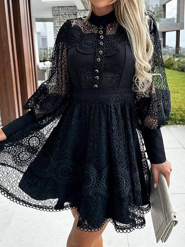 Women's White Dress Lace Dress Casual Dress Mini Dress Lace Patchwork Date Streetwear A Line Stand Collar Long Sleeve Black White Color