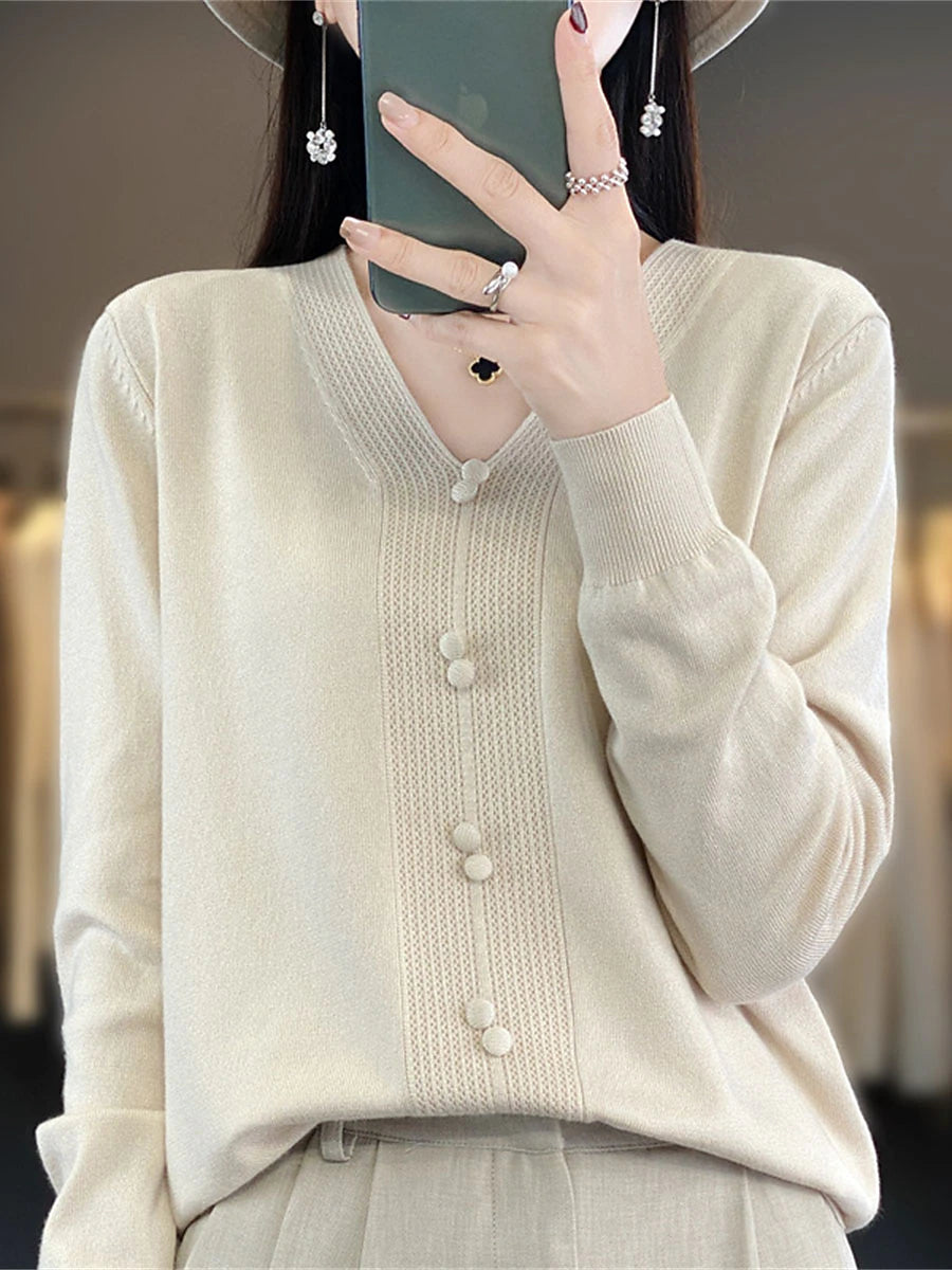 Women's Pullover Sweater Jumper V Neck Ribbed Knit Cotton Button Fall Winter Short Daily Going out Weekend Stylish Casual Soft Long Sleeve Solid Color Golden camel GH purple GH camel S M L