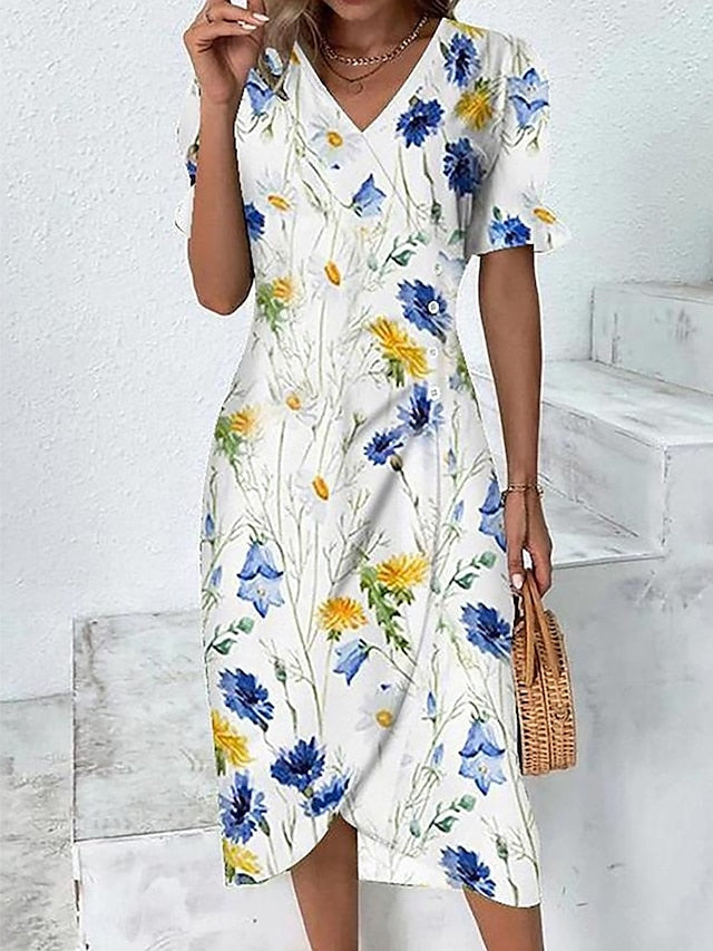 Women's Casual Dress Sheath Dress Wrap Dress Floral Asymmetrical Print V Neck Midi Dress Active Fashion Outdoor Street Short Sleeve Loose Fit Yellow Pink Red Summer Spring S M L XL XXL - LuckyFash™
