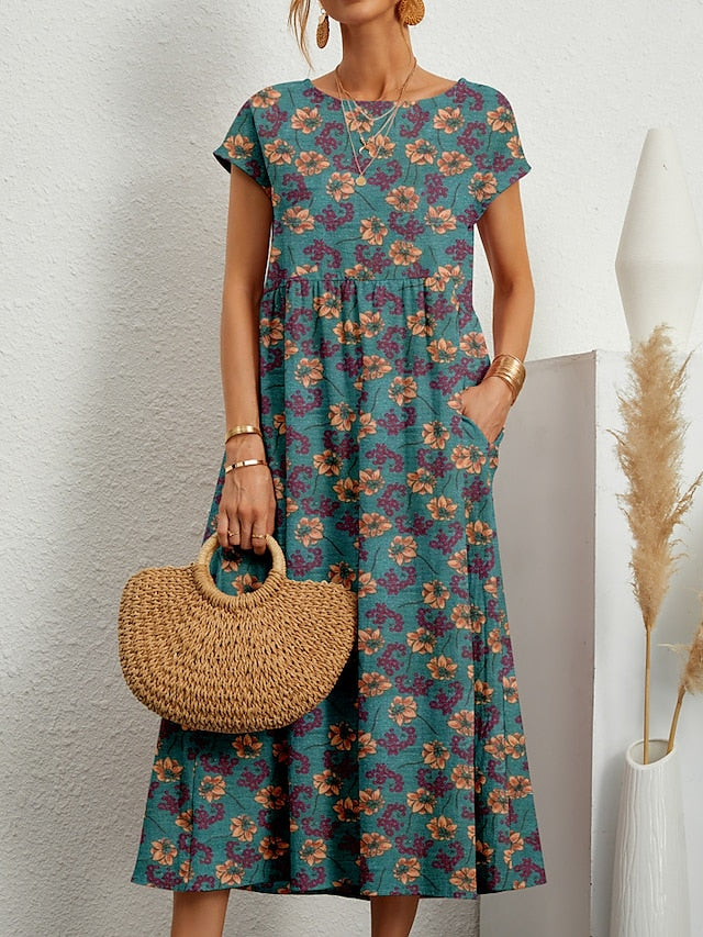 Women's Casual Dress Summer Dress Print Dress Floral Print Crew Neck Long Dress Maxi Dress Fashion Streetwear Outdoor Holiday Short Sleeve Regular Fit Yellow Red Blue Summer Spring S M L XL 2XL - LuckyFash™