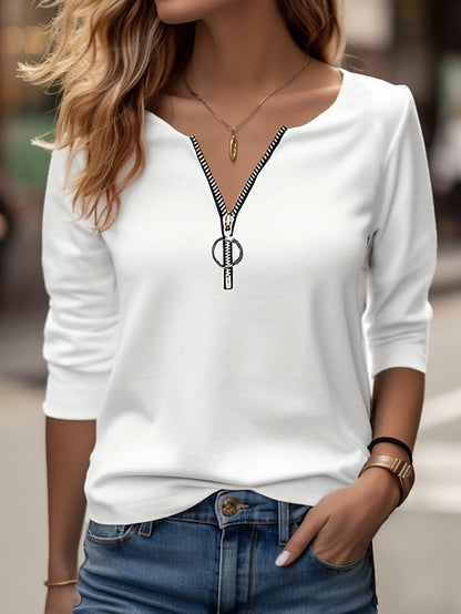 Women's T shirt Tee Plain Daily Weekend Quarter Zip White Long Sleeve Elegant Fashion Daily Half Zip V Neck Fall & Winter