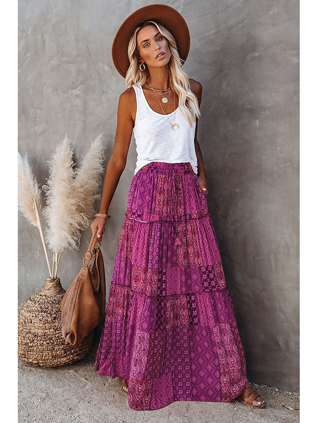 Women's Skirt Swing Long Skirt Maxi Polyester Black Yellow Purple Orange Skirts Spring & Summer Drawstring Print Vintage Boho Causal Vacation S M L - LuckyFash™