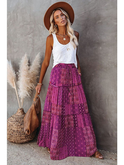 Women's Skirt Swing Long Skirt Maxi Polyester Black Yellow Purple Orange Skirts Spring & Summer Drawstring Print Vintage Boho Causal Vacation S M L - LuckyFash™