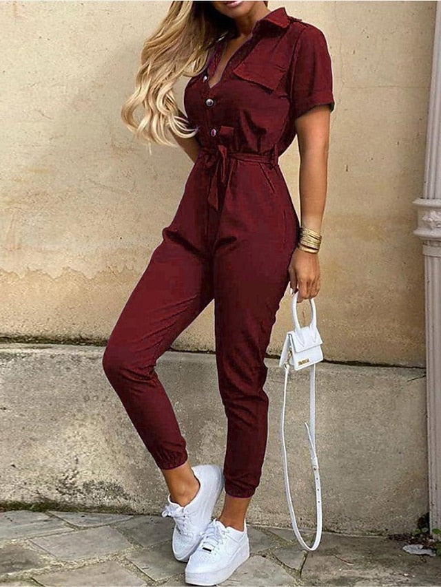 Women's Jumpsuit Button Solid Color Shirt Collar Streetwear Daily Vacation Regular Fit Short Sleeve Pink Wine Navy Blue S M L Summer - LuckyFash™