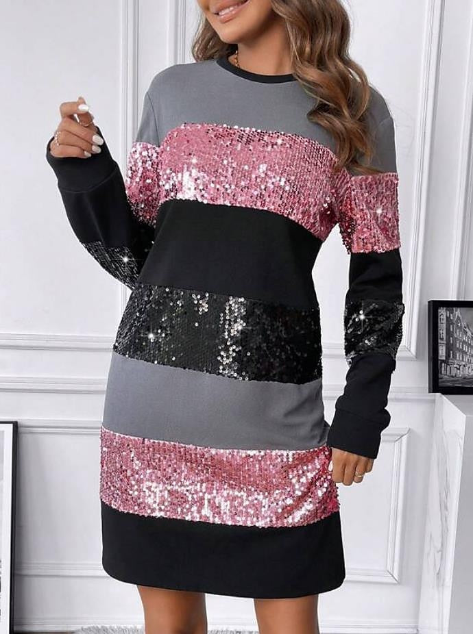 Women's Sequin Dress Party Dress Cocktail Dress Sequins Patchwork Crew Neck Long Sleeve Striped Mini Dress Vacation Formal Pink Gold Spring Winter