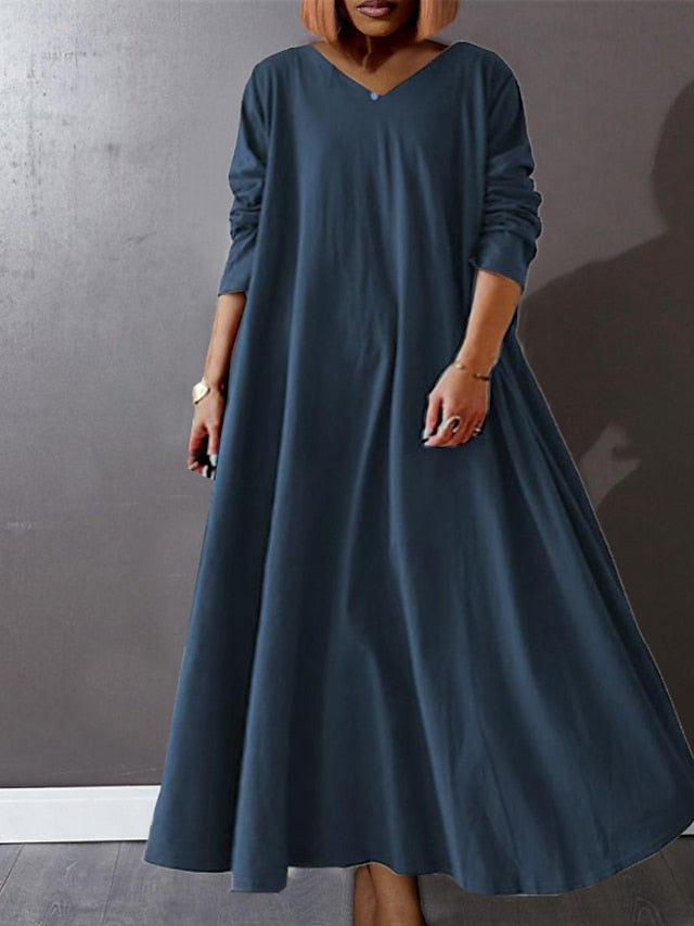 Women‘s Plus Size Curve Casual Dress Pure Color V Neck Long Sleeve Winter Fall Basic Casual Maxi long Dress Daily Vacation Dress