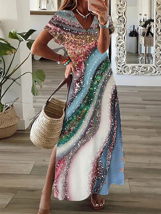 Women's Casual Dress A Line Dress Summer Dress Print Ombre Split Print V Neck Long Dress Maxi Dress Fashion Streetwear Outdoor Daily Short Sleeve Regular Fit Yellow Pink Red Summer Spring S M L XL XXL - LuckyFash™