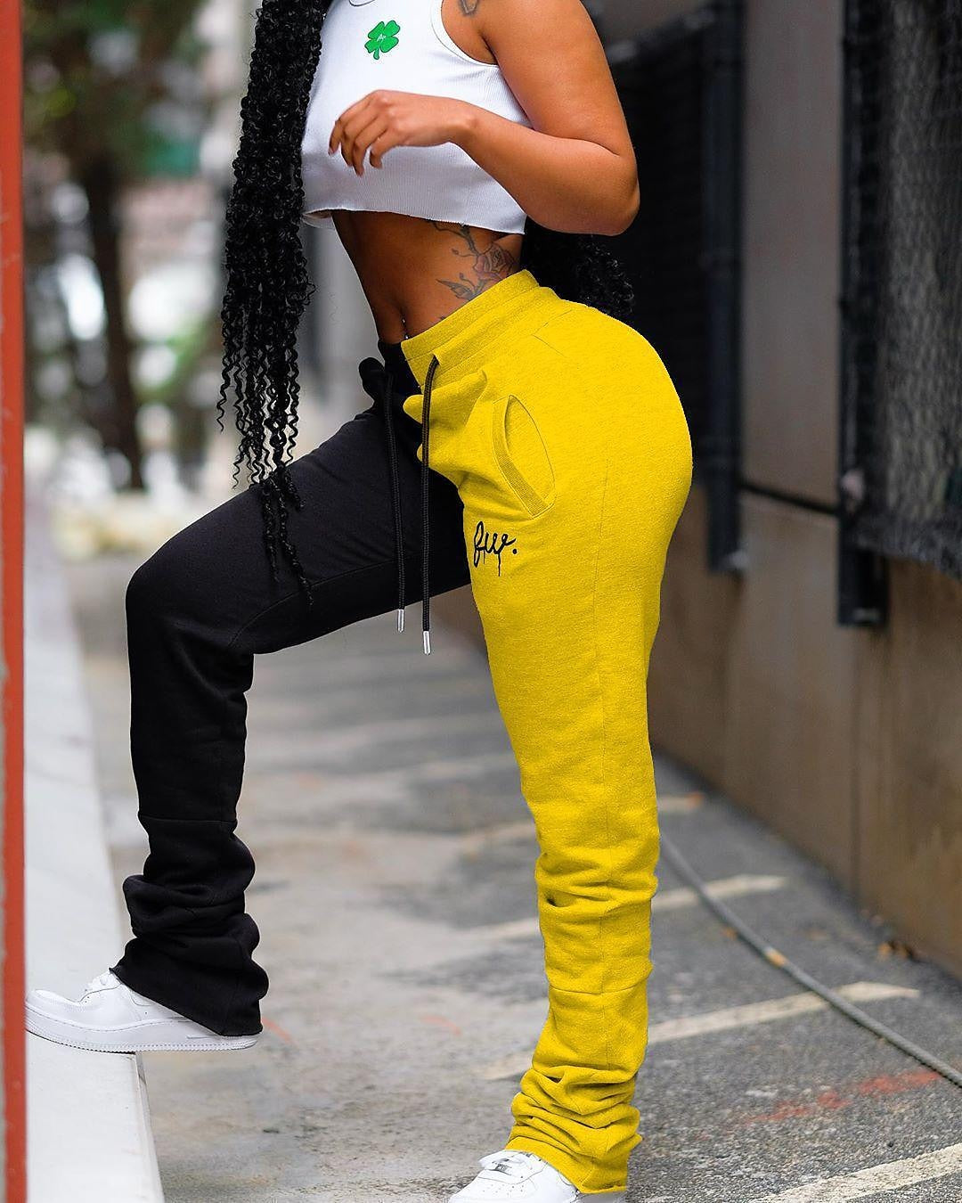 Women's Sweatpants Cotton Blend Color Block Yellow + gray Black + gray Casual / Sporty Full Length Sports Weekend