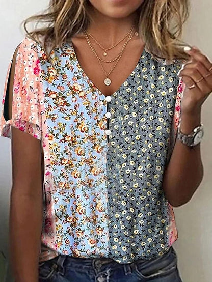 Women's T shirt Tee Henley Shirt Floral Graphic Casual Daily Button Cut Out Print Yellow Short Sleeve Print V Neck Summer