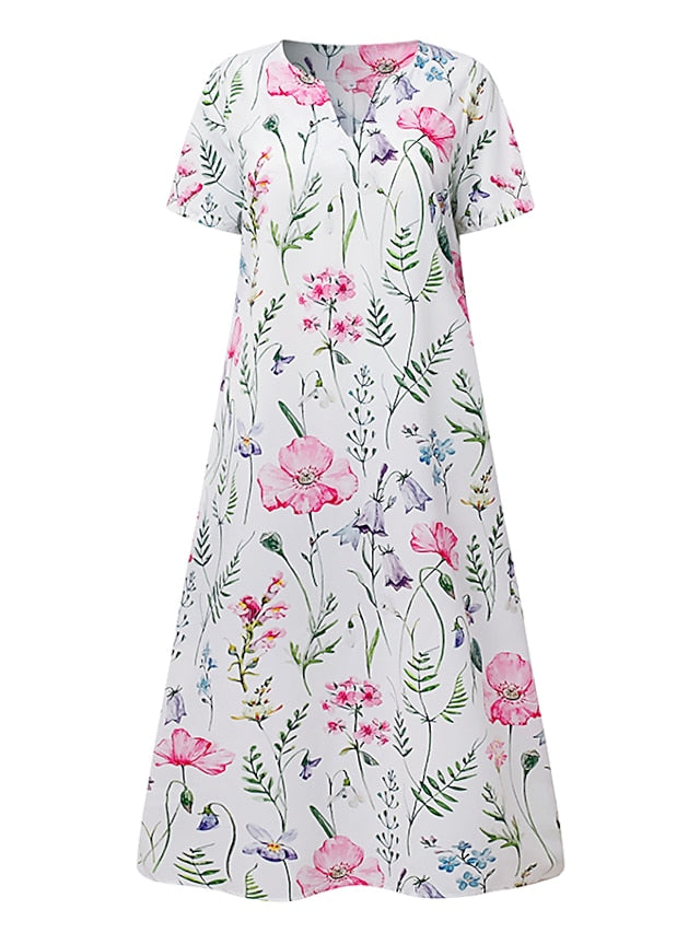 Women's Casual Dress T Shirt Dress Tee Dress Shift Dress Midi Dress White Yellow Pink Short Sleeve Floral Print Summer Spring V Neck Basic Vacation Summer Dress Spring Dress 2023 S M L XL XXL 3XL - LuckyFash™