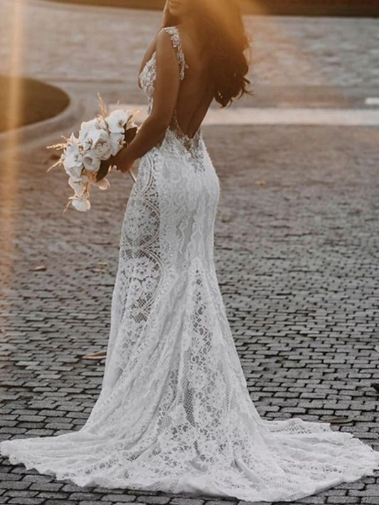 Beach Open Back Sexy Boho Wedding Dresses Mermaid / Trumpet V Neck Sleeveless Court Train Lace Bridal Gowns With Appliques 2023 Summer Wedding Party, Women's Clothing - LuckyFash™