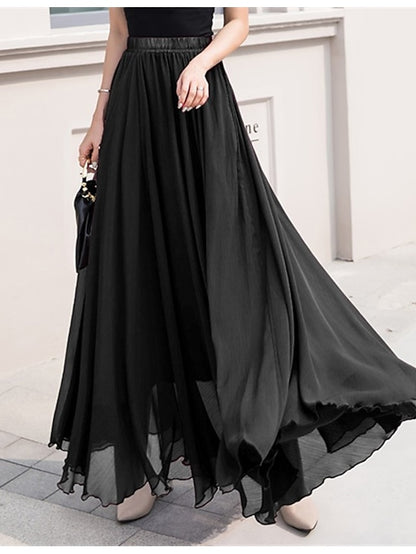 Women's Skirt Swing Work Skirts Long Skirt Maxi Skirts Chiffon Solid Colored Office / Career Daily Spring & Summer Chiffon Polyester Elegant Long Summer Black Light Green Pink Blue