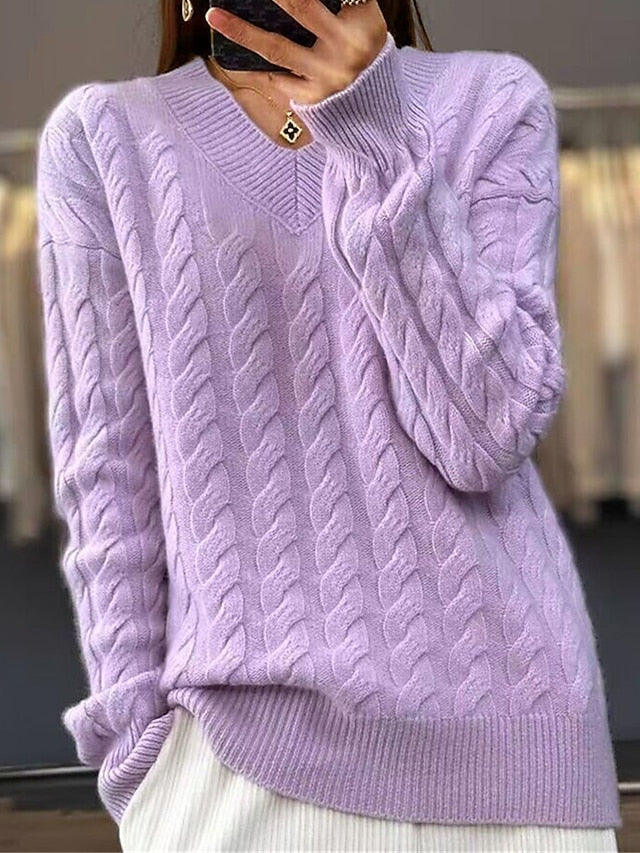 Women's Pullover Sweater Jumper V Neck Cable Knit Knit Oversized Fall Winter Regular Outdoor Daily Going out Stylish Casual Soft Long Sleeve Solid Color Black Camel Purple S M L