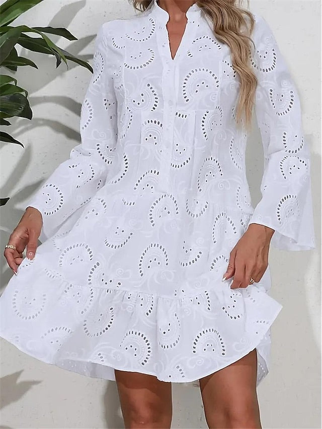 Women's White Dress Lace Dress Casual Dress Mini Dress Cotton Embroidered Button Date Streetwear Basic Split Neck Long Sleeve White Color