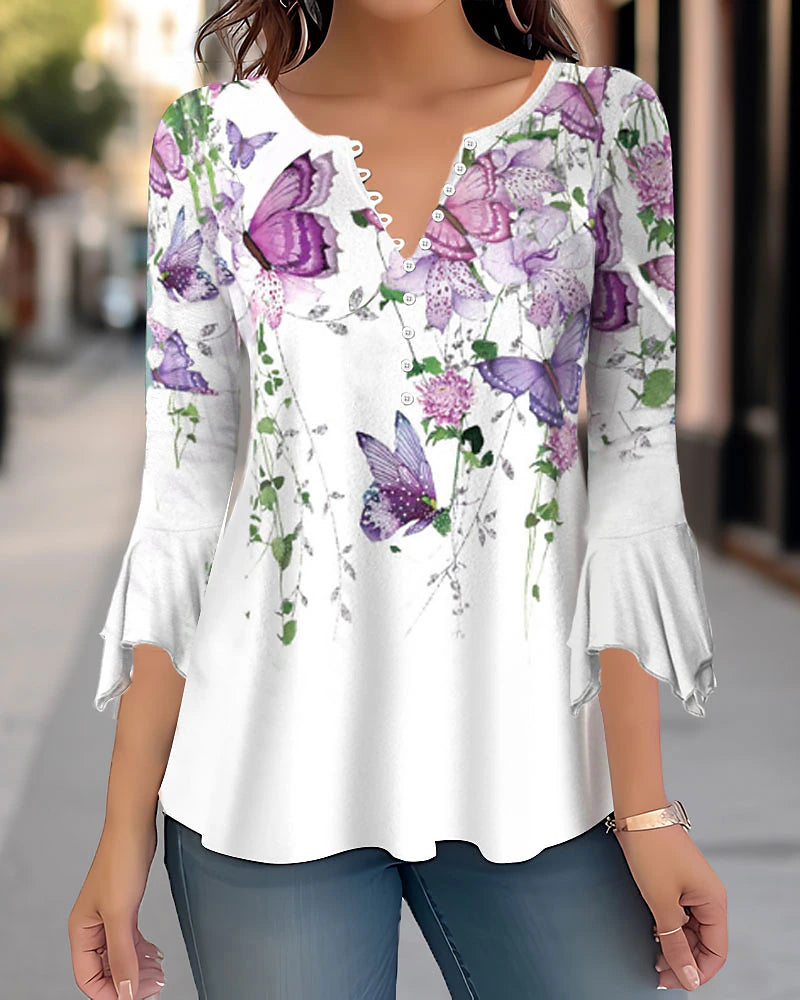 Women's Shirt Blouse Floral Casual Holiday Button Print White 3/4 Length Sleeve Fashion Round Neck Spring &  Fall