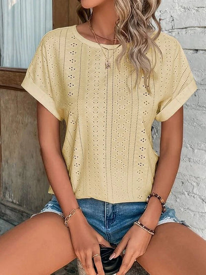 Women's T shirt Tee White Eyelet Tops Cotton Plain Daily Weekend Cut Out Light Blue Short Sleeve Basic Round Neck