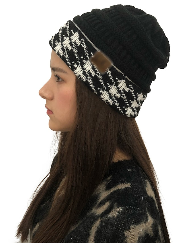 Women's Hat Beanie / Slouchy Black Wine Light Gray Outdoor Home Street Knitted Houndstooth Portable Windproof Comfort - LuckyFash™