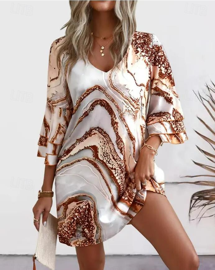 Women's Ruffle Print V Neck Ruffle Sleeve Mini Dress Tropical Date 3/4 Length Sleeve Summer Spring