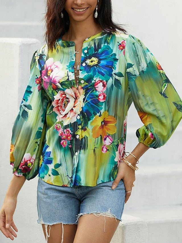 Women's Shirt Blouse Floral Casual Holiday Button Print Blue Long Sleeve Daily Basic V Neck Fall & Winter