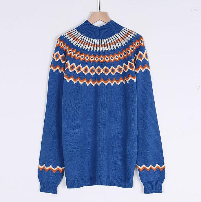 Women's Sweater Pullover Jumper Knitted Print Geometric Stylish Basic Casual Long Sleeve Regular Fit Sweater Cardigans Crew Neck Fall Spring Blue Gray Khaki / Holiday