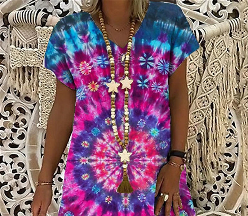 Women's Shift Dress Midi Dress Fuchsia Short Sleeve Tie Dye Print Summer Spring V Neck Casual 2023 S M L XL XXL 3XL