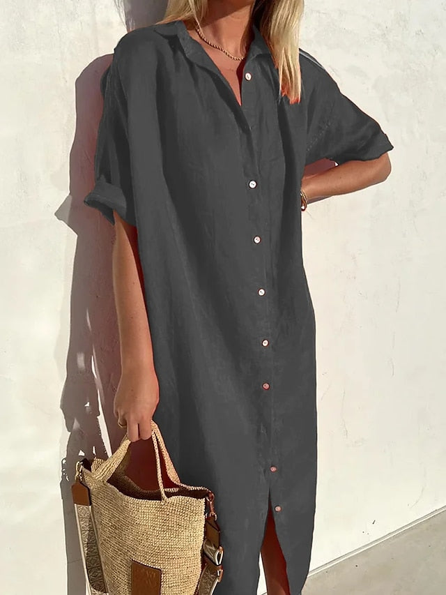 Women's Shirt Dress Casual Dress Midi Dress Daily Cotton Casual Shirt Collar Button Short Sleeve Summer Spring Fall 2023 Loose Fit ArmyGreen Black Red Plain XS S M L XL - LuckyFash™