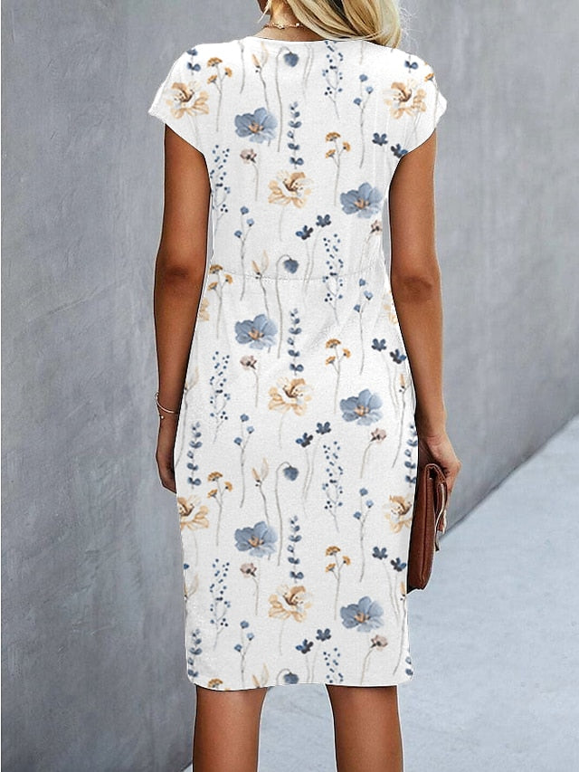 Women's Casual Dress Sheath Dress Floral Dress Floral Twist Crew Neck Midi Dress Fashion Modern Outdoor Daily Short Sleeve Regular Fit White Blue Gray Summer Spring S M L XL XXL - LuckyFash™